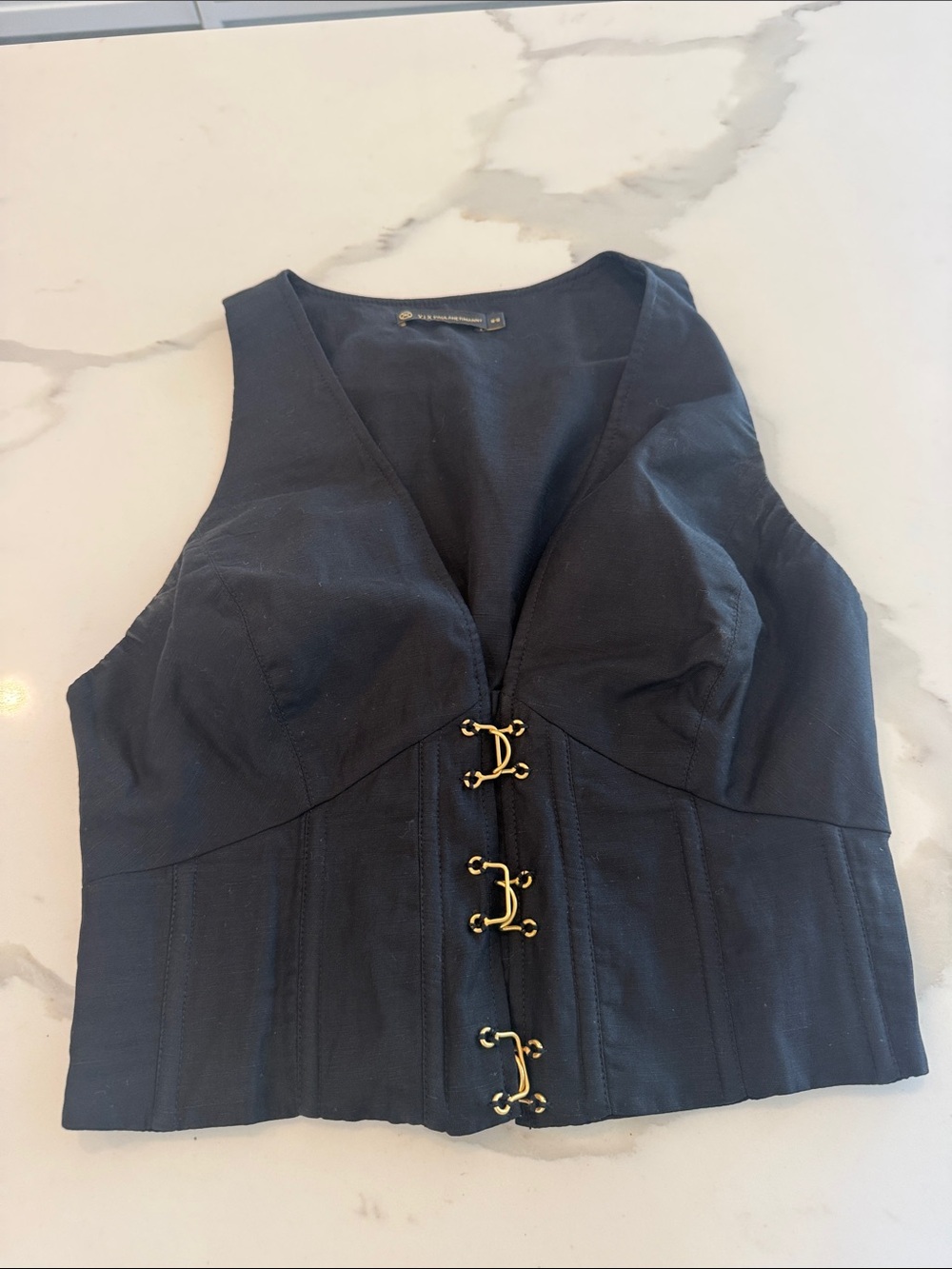 Vix Structured Black Corset-Style Tank Top with Gold Hooks